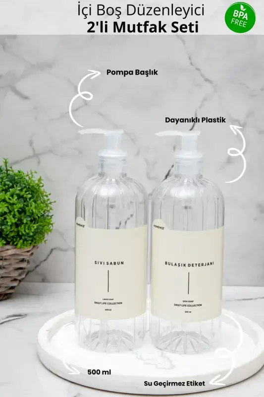 2 talikli idish yuvish vositasi va suyuq sovun etiketli plastik butilka oshxona to'plami shaffof sovun idishi 500 ml-shaffof - HOMENCE