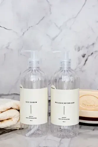 2 talikli idish yuvish vositasi va suyuq sovun etiketli plastik butilka oshxona to'plami shaffof sovun idishi 500 ml-shaffof - HOMENCE (1)