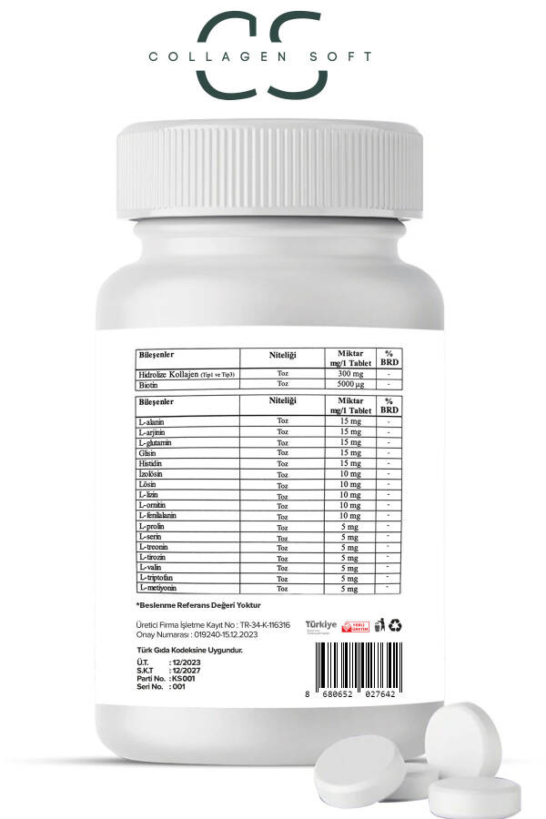 2 ta'rifli Imkoniyat Gidrolangan 1-turdagi, 3-turdagi Kollagen Peptidlari, Biotin Va 15 ta Aminokislotalar Saqlovchi 60 ta Tablet - 4