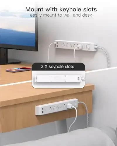 2 ta'rifli Quvvat chizig'i to'lqindan himoyalash - 6 rozetka, 2 USB port, 5 futli uzatma simi, tekis vilka, ortiqcha yukdan himoya rozetka chizig'i, 900 djo'ul, uy, ofis va yotoqxona uchun devorga o'rnatish, ETL tomonidan tasdiqlangan - 5