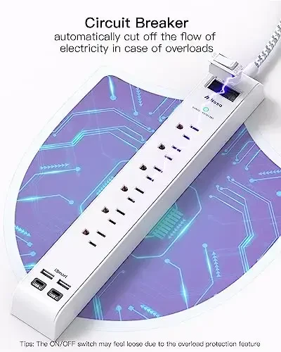 2 ta'rifli Quvvat chizig'i to'lqindan himoyalash - 6 rozetka, 2 USB port, 5 futli uzatma simi, tekis vilka, ortiqcha yukdan himoya rozetka chizig'i, 900 djo'ul, uy, ofis va yotoqxona uchun devorga o'rnatish, ETL tomonidan tasdiqlangan - 6