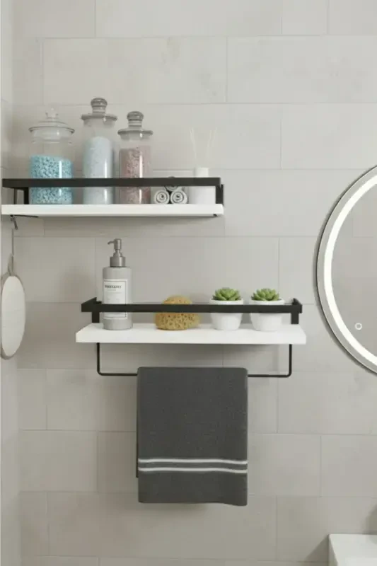 2-Tier Bathroom Shelf Towel Rack Decorative Bathroom Organizer Multipurpose Soap Dish Rack-White - 2