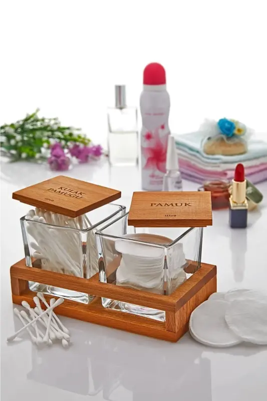 2 Tier Cotton Ball and Swab Jar Glass Cotton Holder, Decorative Glass Cotton Box - 1
