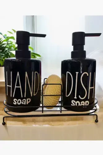 2-Tier Metal Stand Liquid Soap Dispenser with Sponge Kitchen and Bathroom Set, Hand and Dish Phenomenon Set 500 ML-Black - 8