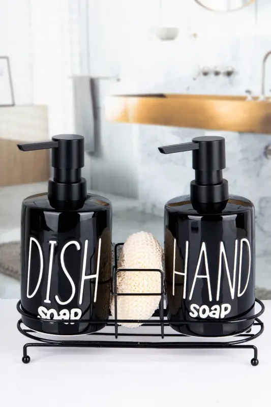 2-Tier Metal Stand Liquid Soap Dispenser with Sponge Kitchen&Bathroom Set, Hand and Dish Phenomenon Set 500 ML-Black - 9