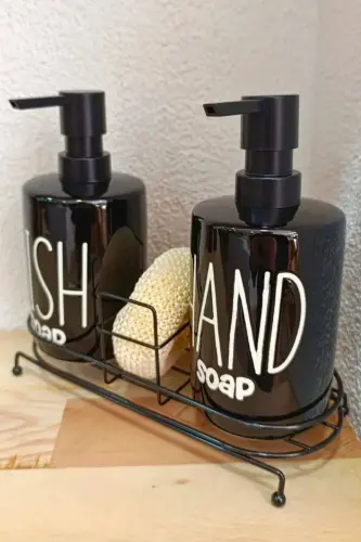 2-Tier Metal Stand Liquid Soap Dispenser with Sponge Kitchen&Bathroom Set, Hand and Dish Phenomenon Set 500 ML-Black - 14