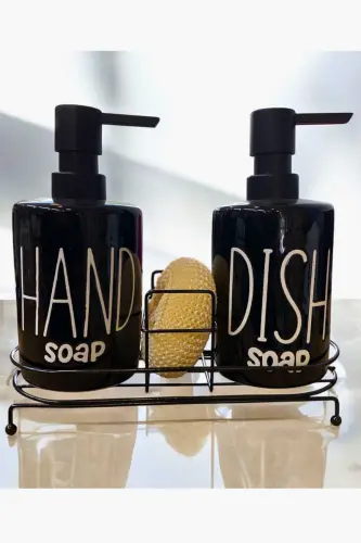 2-Tier Metal Stand Liquid Soap Dispenser with Sponge Kitchen&Bathroom Set, Hand and Dish Phenomenon Set 500 ML-Black - 15