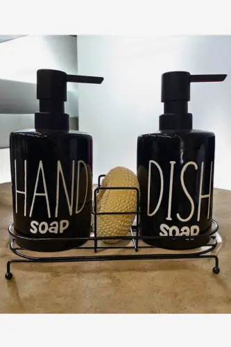 2-Tier Metal Stand Liquid Soap Dispenser with Sponge Kitchen&Bathroom Set, Hand and Dish Phenomenon Set 500 ML-Black - 3