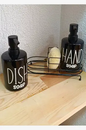 2-Tier Metal Stand Liquid Soap Dispenser with Sponge Kitchen&Bathroom Set, Hand and Dish Phenomenon Set 500 ML-Black - 5