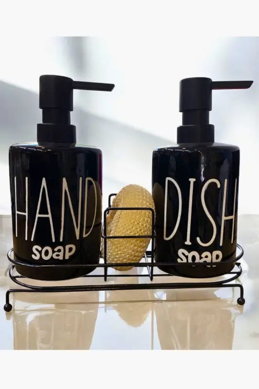 2-Tier Metal Stand Liquid Soap Dispenser with Sponge Kitchen&Bathroom Set, Hand and Dish Phenomenon Set 500 ML-Black - 7