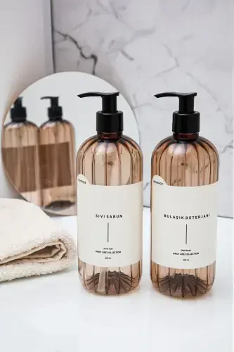 2 tirkamli idish yuvish vositasi va suyuq sovunli etiketli nasosli plastik butilkalar to'plami, och jigarrang 500 ml - OCH JIGARRANG - 2