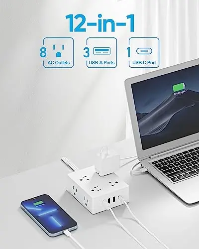 2 Uçlu Düz Fişli Uzatma Kablosu, Olcorife 2 Uçlu - 3 Uçlu Priz Adaptörü, 8 Çıkışlı 4 USB Portlu (1 USB C) 5 FT Düz Uzatma Kablosu, 2000J Aşırı Gerilim Koruyucu, ABD - Japonya Fiş Adaptörü - 2
