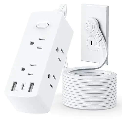 2 Prong Flat Extension Cord 10 FT, Olcorife 2 Prong to 3 Prong Outlet Adapter, Flat Plug Power Strip with 6 Outlets 3 USB Ports(1 USB C), 2000J Surge Protector, US to Japan Plug Adapter 