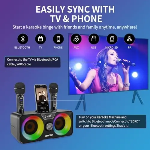 Karaoke Machine for Adults and Kids with 2 UHF Wireless Microphones,Portable Bluetooth Speaker PA Speaker System with LED Party Lights for Home Party, Picnic,Car,Outdoor/Indoor/Birthday Gifts - LSMOEO
