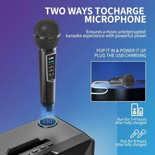 Karaoke Machine for Adults and Kids with 2 UHF Wireless Microphones,Portable Bluetooth Speaker PA Speaker System with LED Party Lights for Home Party, Picnic,Car,Outdoor/Indoor/Birthday Gifts - 3