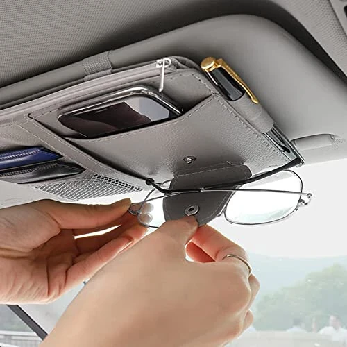 2 Packs Gray Car Sun Visor Organizer, Sunglasses Holders for Car Sun Visor, PU Leather, Auto Interior Accessories Storage Travel Document Holder with Multi Pocket - 2