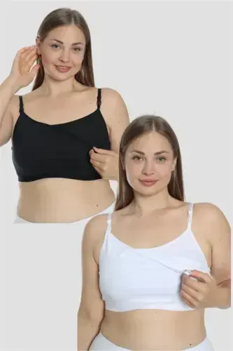 2 White-Black Women's Nursing Half Cami Bralettes with Lycra Spaghetti Straps - 1