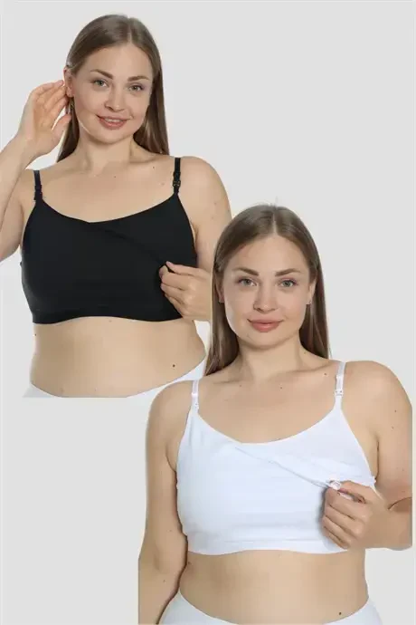2 White-Black Women's Nursing Half Cami Bralettes with Lycra Spaghetti Straps - 1
