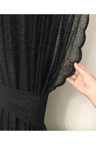 2 Wing Colored Black Honeycomb Patterned Lace Tulle Curtain 2 Wings-Black - 1