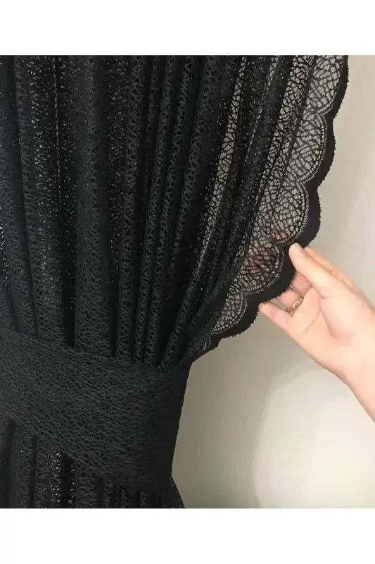 2 Wing Colored Black Honeycomb Patterned Lace Tulle Curtain 2 Wings-Black - 1