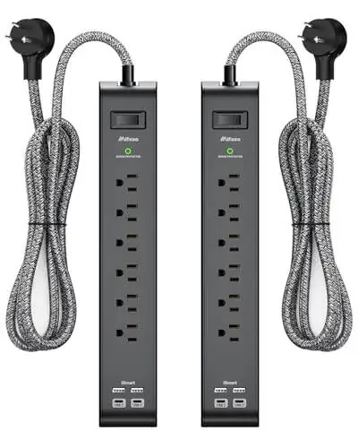 2-х Комплект Защитного Удлинителя с 6 Розетками, 2 USB Портами, 5-футовым Прочным Плетеным Удлинителем, Плоской Вилкой, 900 Джоулями, 15A Автоматическим Выключателем, Монтаж на Стену, для Дома и Офиса, Сертифицирован ETL - 2