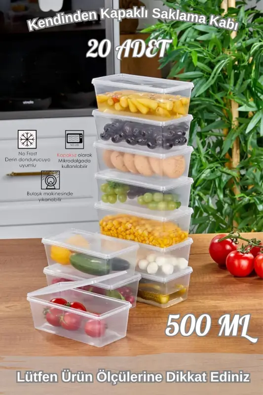 20 ADET KENDİNDEN KAPAKLI DERİN DONDURUCUYA UYGUN SAKLAMA KABI ,DÜZENLEYİCİ 500 ML - ŞEFFAF - TIKLASENDE