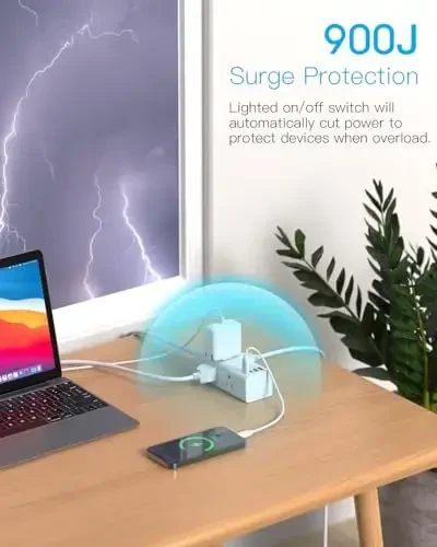 20 Ft Uzaytirgich simi, bir nechta rozetkali, tekis vilkali tok uzatgich, 20 Ft uzun simli, 6 rozetka, 4 USB porti (2 USB C), uy ofis yotoqxona uchun ko'p rozetkali devor vilkasi - 6