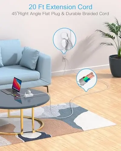 20 Ft Uzaytirgich simi, bir nechta rozetkali, tekis vilkali tok uzatgich, 20 Ft uzun simli, 6 rozetka, 4 USB porti (2 USB C), uy ofis yotoqxona uchun ko'p rozetkali devor vilkasi - ONE BEAT (1)