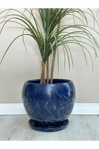 20-liter Globe Flowerpot with Saucer 27cmx27cm Mia Midnight Blue Marble Pattern - Midnight Blue Marble Pattern 