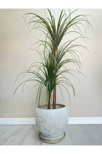 20litre Küre Saksı Tabaklı 27cmx27cm Beyaz Gold Mermer Desenli-Beyaz - 2