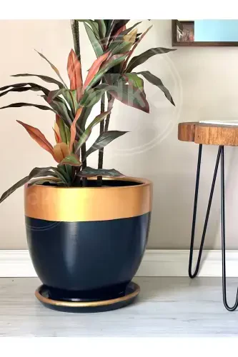 20 Litre Pot with Saucer Diameter: 30cm X Height: 30cm Black Gold-Black - ODKA (1)