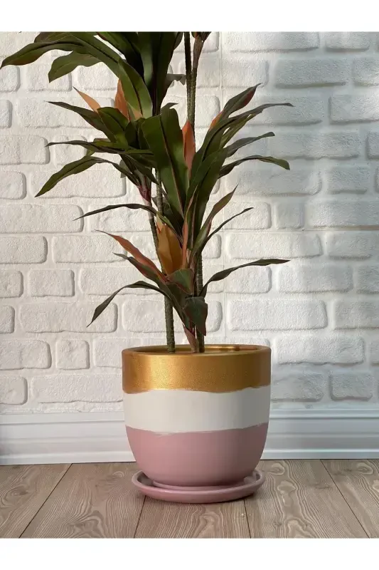 20litre Saksı Tabaklı Çap: 30cm X Yükseklik: 30cm Pembe Beyaz Gold-Pembe - 1