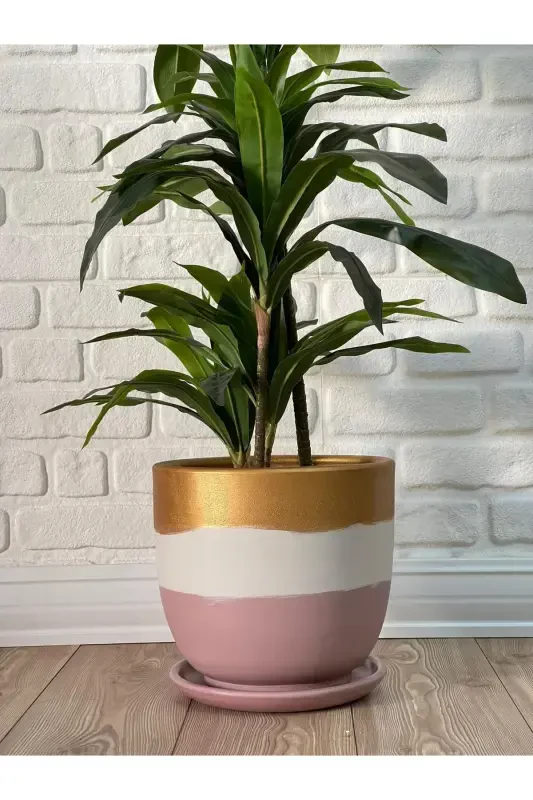 20litre Saksı Tabaklı Çap: 30cm X Yükseklik: 30cm Pembe Beyaz Gold-Pembe - 2