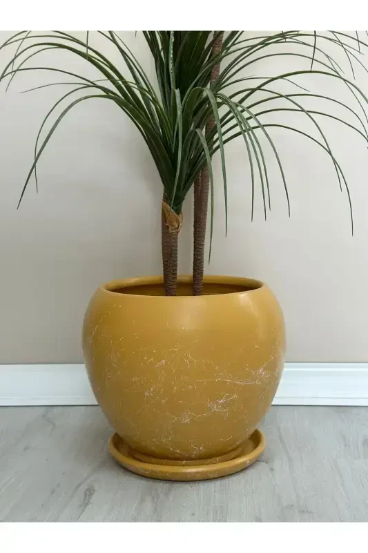 20 Litre Sphere Pot with Saucer 27cmx27cm Mia Yellow Marble Patterned-Yellow Marble Patterned - 2