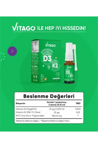 20 ml Plant-Based Spray with Vitamin D3 (1000 IU) + Vitamin K2 - 3