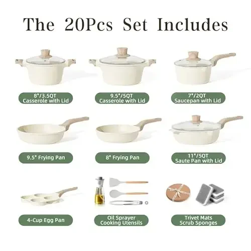 20Pcs Pots and Pans Set Non Stick, Kitchen Nonstick Cookware Sets, White Granite Induction Cookware Non Toxic Cooking Set w/Frying Pans, Saucepans, 4 Cup Pan, PFOS & PFOA Free - CAANNASWEIS (1)
