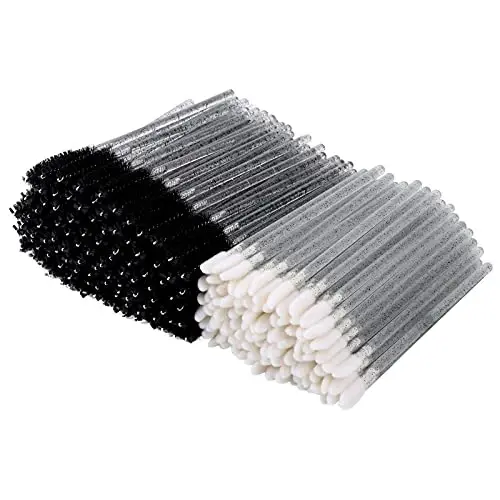 200 Lip Brush and Eyebrow Spoolie, Crystal Disposable Lipstick Applicator, Mascara Wands, Makeup Beauty Tool Kits (Black) - 1