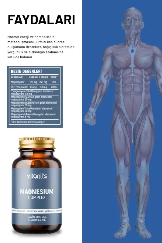 Magnezyum Complex (Magnezyum Malat, Taurat, L-Treonat, Sitrat, Bisglisinat, Vitamin B6 ) 60 Kapsül - 5