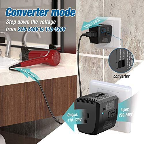 2000W Voltage Converter Adapter US to Europe, UK, Australia, Italy, Spain, Asia Over 150 Countries - Converter Step Down 220V to 110V for Hair Dryer Used Only, Adapter Mode for Cell Phone Laptop - 3