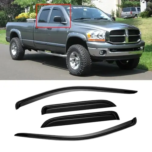 2002-2008 Dodge Ram 1500 Quad Cab/Extended Cab/ 03-09 Dodge Ram 2500 3500 için Cam Vizörü, Dış Kanal Yağmur Koruyucuları Siperlikleri Havalandırma Deflektörü Gölge Rüzgar Koyu Duman, Dış Montaj, 4 Adet - CMVT AUTO