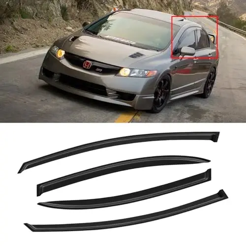 2006-2011 Honda Civic için Cam Rüzgarlığı, Dış Kanal Yağmur Koruyucuları Siperlik Havalandırma Deflektör Gölge Rüzgar Koyu Duman 06-11 Civic 2007 2008 2009 2010 için, Bantlı Dış Montaj, 4 Adet - CMVT AUTO