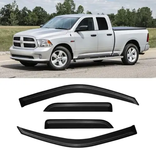 Rain Guards for 2009-2018 Dodge Ram 1500 Quad Cab/Extended Cab, Window Visor Shields Vent Deflector Shade Wind Dark Smoke for 19-24 Ram 1500 Classic Quad Cab, 4PCS, Out-Channel - 1