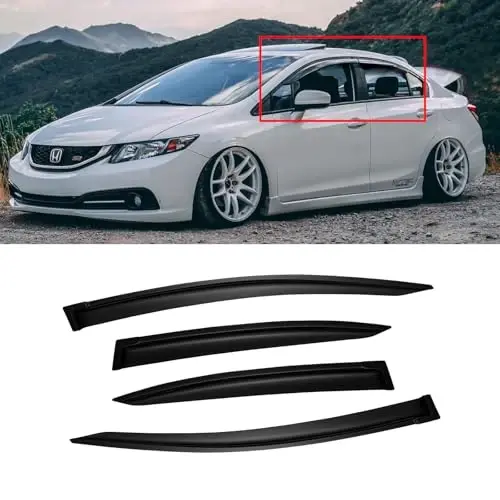 CMVT Auto Window Visors for 2012-2015 Honda Civic Sedan 4-Door, Outside-Mount Shatterproof Rain Guards Vent Deflector Shade Dark Smoke 2013 2014, Tape-On, 4PCS 
