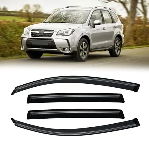 2014-2018 Subaru Forester uchun yomg'ir to'siqlari, Tashqi o'rnatiladigan oyna Vizor qalqonlari Vent Deflector Shade Wind Dark Smoke 2015 2016 2017, Tasmali tashqi o'rnatish, 4 dona 