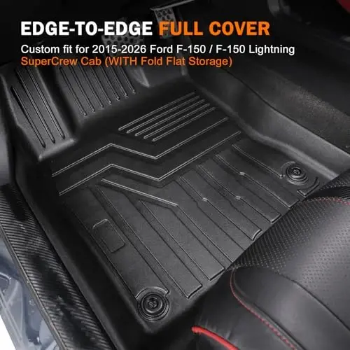 2015-2026 Ford F-150/F150 Lightning SuperCrew Kabina uchun KUST Pol Tagliklari | (Faqat o'rindiq osti tekis saqlash joyli orqa qism uchun), Har qanday ob-havo avtomobil tagliklari, TPE Rezina, Kengaytirilgan Lab, Ko'tarilgan Qirra - 4