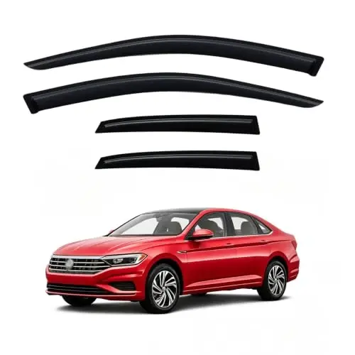 2019-2026 Volkswagen (VW) Jetta için Yağmur Rüzgarlıklar, Kanal Dışı Pencere Vizör Siperleri Havalandırma Deflektör Gölgeliği Koyu Füme 2020 2021 2022 2023 2024, Dıştan Montajlı Bantlı, 4 Parça 