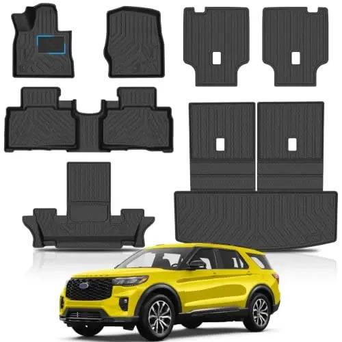 2020-2026 Ford Explorer Aksesuarları için KUST Paspaslar (Yalnızca 6 Koltuk) | 3 Sıra Zemin Kaplaması, 2. Sıra Sırtlık Paspasları, Arka Bagaj Paspası, TPE Kauçuk, Yükseltilmiş Kenar, Ekstra Topuk Ped Plakası 