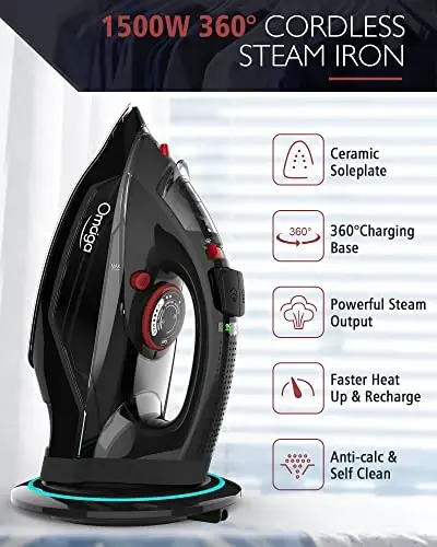 [2023 UPGRADE] OMAIGA Cordless Iron, 1500W Cordless Iron with Steam for Clothes with 11.84oz Water Tank, Anti Drip Iron Cordless with Ceramic Soleplate, Iron for Clothes with 3 Temperature Settings-BLACK - 1