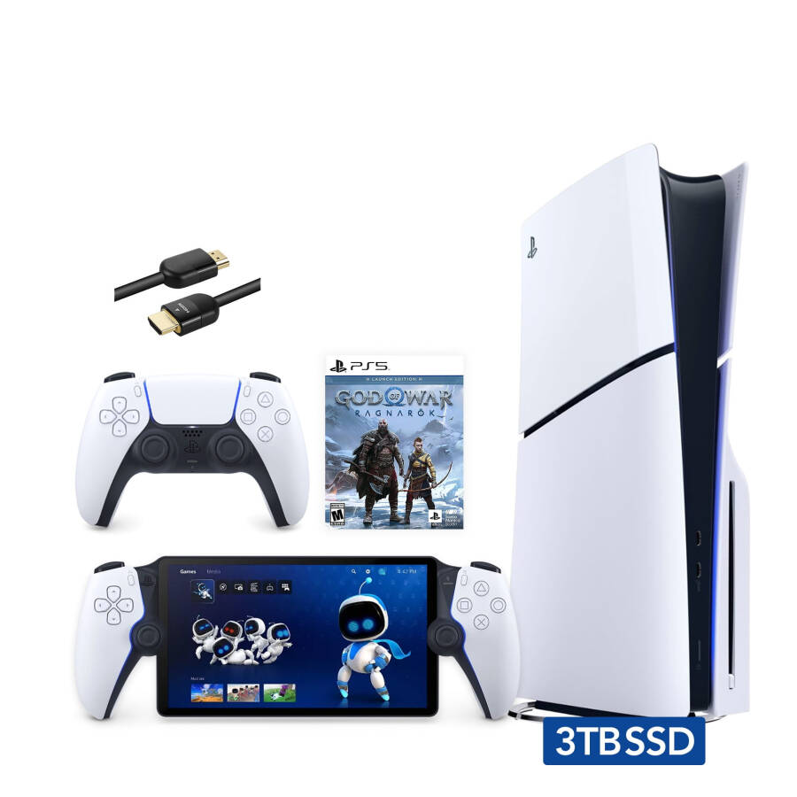 2023 Yeni PlayStation 5 Slim Yükseltilmiş 3 TB Disk Sürümü God of War Ragnarok Paketi Portal Uzaktan Oyuncu ve Mytrix 8K HDMI Ultra Yüksek Hızlı Kablo - Beyaz, İnce PS5 3 TB PCIe SSD Oyun Konsolu - 1