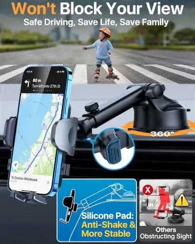 HTU 【98+LBS Strongest Suction & Military-Grade】 Ultimate Car Phone Mount【Patent & Safety Certs】 Cell Phone Holder Truck Stand for Dashboard Windshield Vent for iPhone 17 Pro Max 16 15 Samsung (Black) - HTU (1)